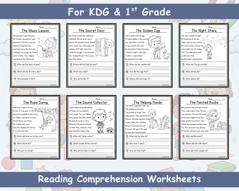 JoyWaveDigital 45+ Reading Comprehension Stories collection featuring The Music Lesson, The Secret Door, and The Golden Egg with simple black and white illustrations and fill-in-the-blank answer lines for early readers