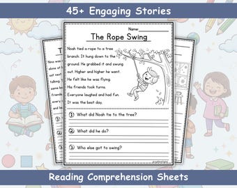 Reading Comprehension Worksheets Kindergarten First Grade - 45+ Stories - Instant Download Printable