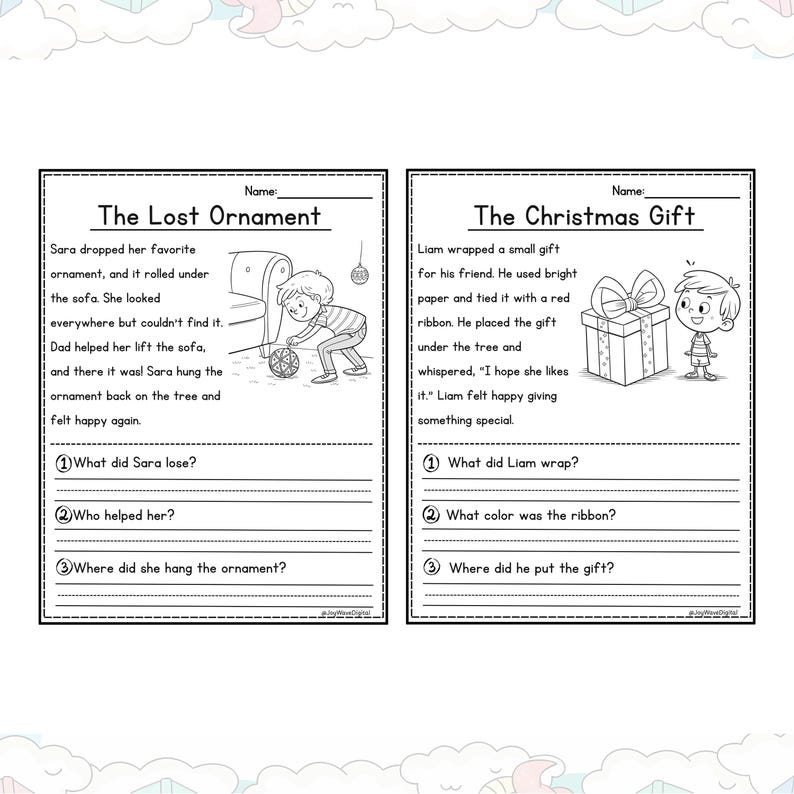 2 Christmas reading comprehension worksheets pages example by JoyWaveDigital.