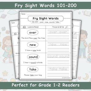 Puede incluir: Hojas de trabajo imprimibles en blanco y negro para las palabras de vista Fry 101-200. Cada hoja de trabajo incluye las palabras "over", "new", "sound" y "take". Las hojas de trabajo están diseñadas para lectores de 1º y 2º grado.