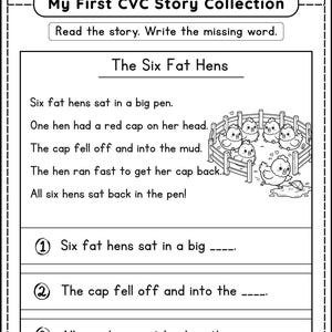 JoyWaveDigital My First CVC Story Collection worksheet 
The Six Fat Hens short CVC phonics reading story with 
three fill in the blank questions and cute chicken 
illustration for Kindergarten First Grade printable PDF
