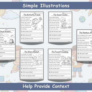 JoyWaveDigital Printer-Friendly Reading Worksheets showing 45+ engaging stories, instant PDF download, simple illustrations with no clutter, designed for kindergarten and 1st grade classrooms and homeschool.