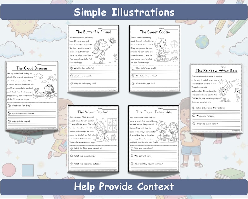 JoyWaveDigital Printer-Friendly Reading Worksheets showing 45+ engaging stories, instant PDF download, simple illustrations with no clutter, designed for kindergarten and 1st grade classrooms and homeschool.
