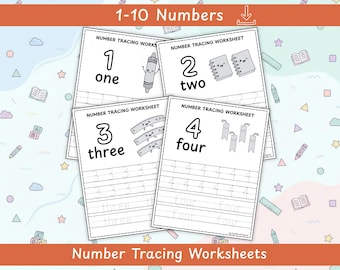 Hoja de trabajo para trazar números del 1 al 10: Actividades imprimibles para aprender los números, práctica de matemáticas para preescolar y jardín de infancia