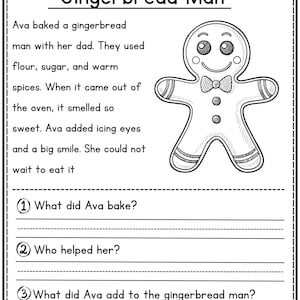 Christmas reading comprehension story Gingerbread Man with 3 questions by JoyWaveDigital.