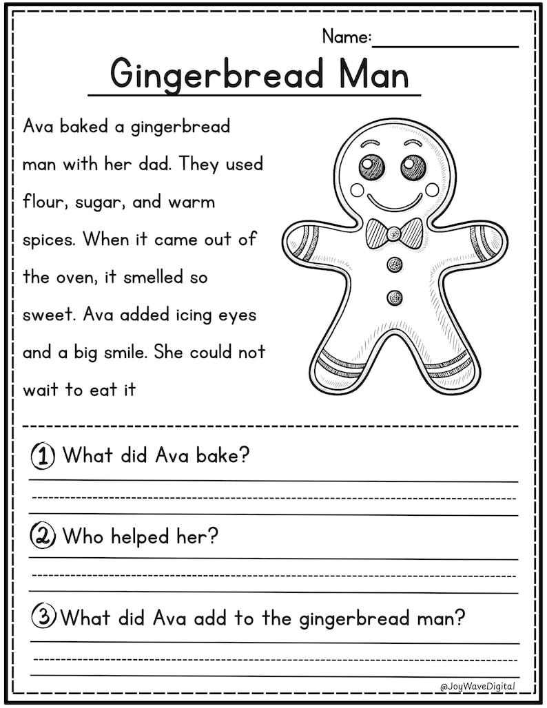 Christmas reading comprehension story Gingerbread Man with 3 questions by JoyWaveDigital.