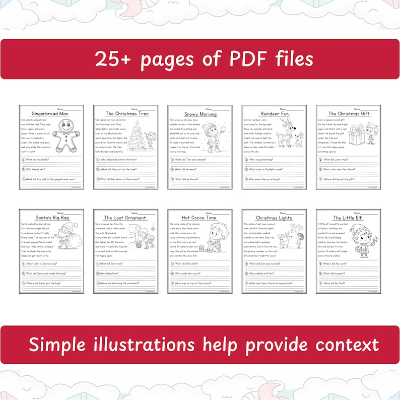 Christmas reading comprehension thumbnail by JoyWaveDigital showing illustrations of worksheets pages.
