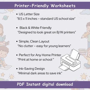 JoyWaveDigital printer friendly CVC worksheets US letter 
size 8.5 x 11 black and white ink saving design simple 
clean layout perfect for home and school printers PDF 
instant digital download kindergarten phonics