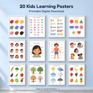 Pacchetto di 20 poster educativi, decorazioni stampabili per la classe prescolare, tabelle di apprendimento per l'homeschooling, decorazioni murali per la stanza dei giochi.
