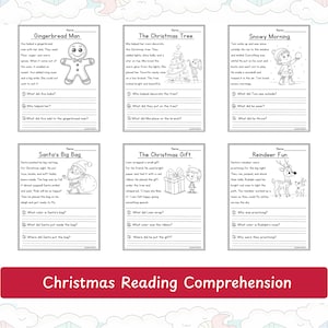 Christmas reading comprehension thumbnail by JoyWaveDigital showing 6 worksheet pages.