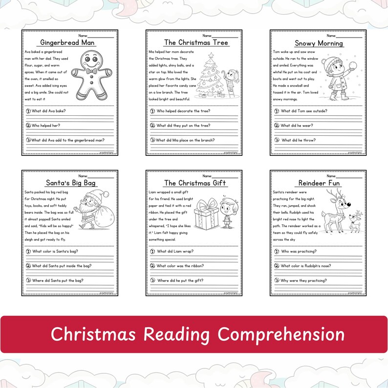 Christmas reading comprehension thumbnail by JoyWaveDigital showing 6 worksheet pages.