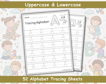 Alphabet Tracing Worksheets – Uppercase & Lowercase | 52 Page Bundle | Letter Practice Preschool Kindergarten Handwriting Printable