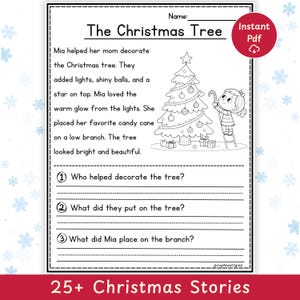 Hojas de trabajo de comprensión lectora navideñas - Jardín de infancia y primer grado - Descarga instantánea para imprimir
