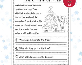Hojas de trabajo de comprensión lectora navideñas - Jardín de infancia y primer grado - Descarga instantánea para imprimir