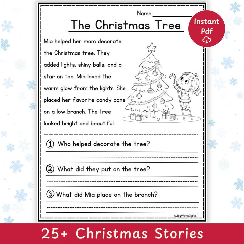 Christmas reading comprehension thumbnail showing 25+ Christmas Stories by JoyWaveDigital.