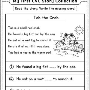 JoyWaveDigital My First CVC Story Collection worksheet 
Tab the Crab short CVC reading passage with fill in the 
blank comprehension questions and cute illustration for 
Kindergarten and First Grade phonics practice printable