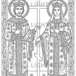 May include: Black and white illustration of Saint Constantine and Saint Helen, each with a halo and crown, standing on either side of a cross. The figures are dressed in ornate robes with floral patterns. The image is framed with a decorative border.