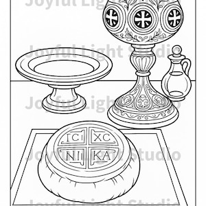 May include: Line drawing of religious objects: a chalice, a paten with text, a small cruet, and a footed plate. The image includes the text "Joyful Light Studio".