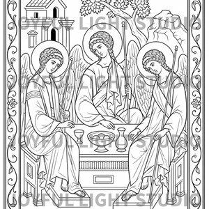 May include: Black and white line art illustration of three angels seated around a table. The image includes architectural elements, a tree, and the text "JOYFUL LIGHT STUDIO" in the border.