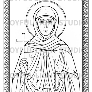 May include: Black and white illustration of Venerable Matrona, Abbess of Constantinople. She is depicted with a halo, holding a cross, and wearing a veil and robes. The image has a decorative border and includes the text "Venerable Matrona".
