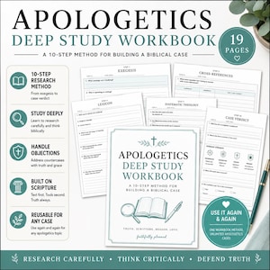 May include: An Apologetics Deep Study Workbook with 19 pages, featuring a 10-step method for building a biblical case. The set includes multiple printed worksheets with sections for exegesis, cross-references, lexicon, systematic theology, and case verdict, alongside a pen and a central cover page.
