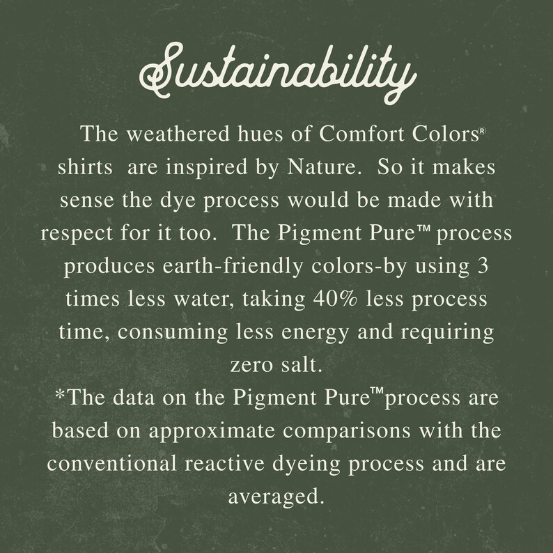 May include: Text on a dark green background reads "Sustainability." The text describes the earth-friendly dye process used for Comfort Colors shirts, including less water, time, energy, and zero salt.