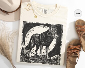 Celestial Wolf and Moon Shirt, Gothic Wolf Shirt for Introverts, Vintage Animal Tee, Linocut Wolf Lover Gift, Animal Lover Gift, Wolf Tee