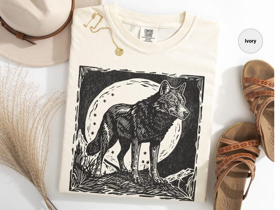 Celestial Wolf and Moon Shirt, Gothic Wolf Shirt for Introverts, Vintage Animal Tee, Linocut Wolf Lover Gift, Animal Lover Gift, Wolf Tee