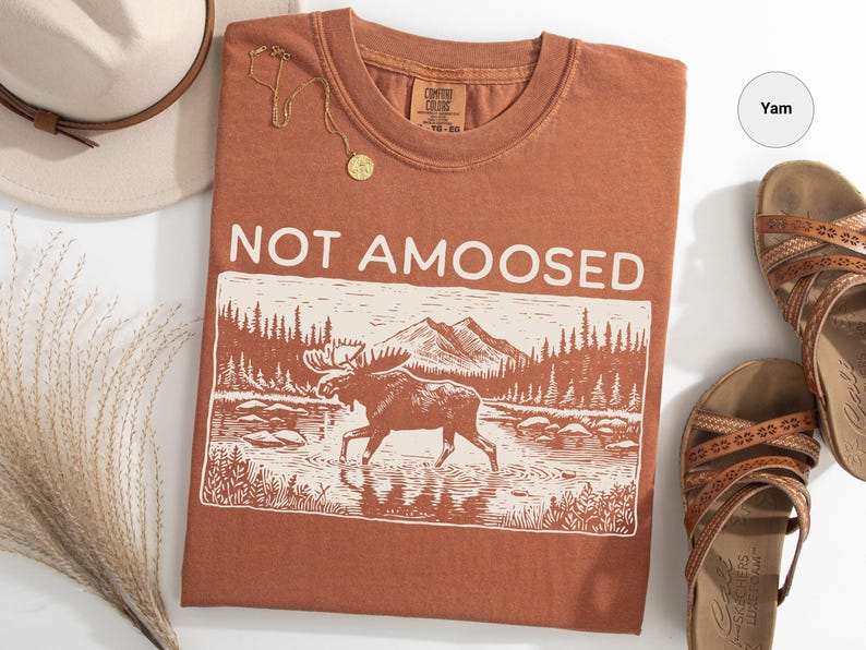 May include: A rust-colored t-shirt with the words "NOT AMOOSED" above a graphic of a moose in a river. The shirt is paired with a hat, sandals, and a gold necklace.