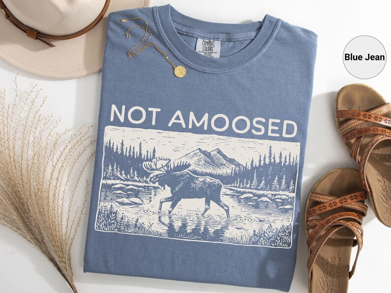 May include: Blue jean colored t-shirt with the words "NOT AMOOSED" above a graphic of a moose in a river. The graphic is in a rectangular frame with a mountain and forest scene. A pair of brown sandals and a hat are next to the shirt.