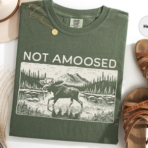 May include: Olive green t-shirt with the text "NOT AMOOSED" above a black and white illustration of a moose in a river. The shirt is paired with brown sandals, a gold necklace, and a beige hat.