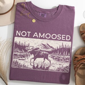 May include: Berry-colored t-shirt with the text "NOT AMOOSED" and a graphic of a moose in a river with mountains in the background. A gold necklace, a pair of brown sandals, and a beige hat are also in the image.