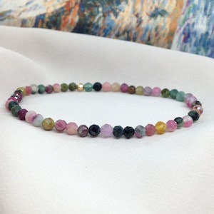 Tourmaline Beaded Bracelet- 3mm Mini Faceted Gemstone-Tiny Stretch Natural Stone Statement Bracelet For Women-Dainty Stacking Bracelet-Gift