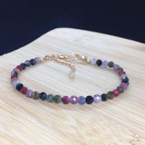 Dainty Tourmaline Beaded Bracelet, 3mm Gemstone Faceted Beads, Stretchy Tiny Stone Bracelet For Women