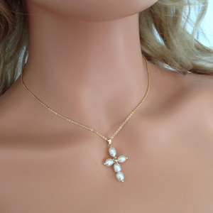 Dainty Pearl Cross Necklace: 14K Gold Plated Chain