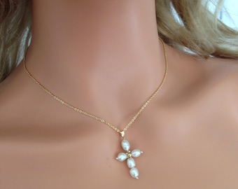 Dainty Pearl Cross Necklace, 14K Gold Plated, Minimalist Crucifix Pendant, Gift for Her