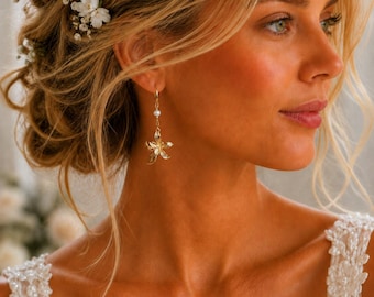Floral Pearl Drop Earrings, Orchid Flower Dangle, Freshwater Pearl, Gold Plated Bridal Jewelry, Gift for Her
