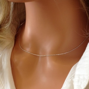 May include: A fine silver chain necklace. The delicate chain is shown against skin and a white shirt. The necklace is a simple, elegant accessory.