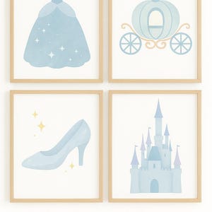 Cinderella Princess Wall Art Set – Pastel Watercolor Prints – Digital Download – Pumpkin Carriage, Castle, Glass Slipper, Ballgown