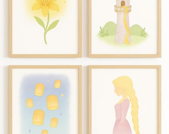 Rapunzel Watercolor Print Set: Castle, Lanterns, Princess (Digital Download)
