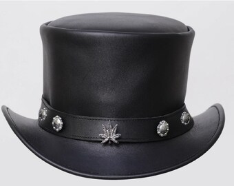 Black Faux Leather Top Hat – Steampunk Cannabis Leaf Emblem