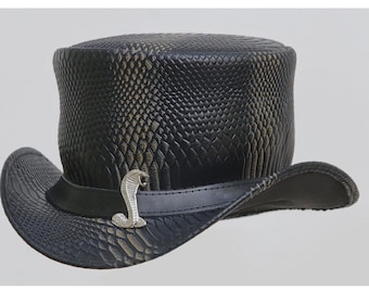 Black Snakeskin Top Hat – Faux Leather Cobra, Steampunk Gothic