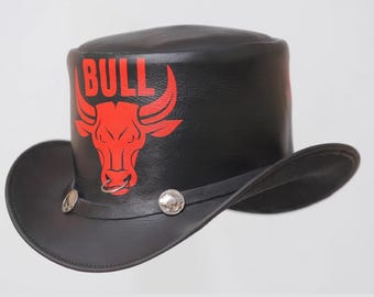 Handcrafted Black Leather Steampunk Cowboy Hat – Red Bull Design – Western Gothic Biker Hat