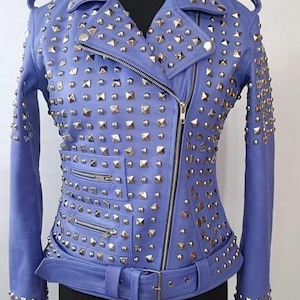 Blaue Nietenleder Bikerjacke - Punk Rock Moto Style - Handgemachte Jacke für Frauen - Edgy Fashion Oberbekleidung