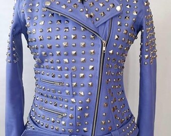 Handmade Blue Studded Leather Biker Jacket – Women's Punk Moto