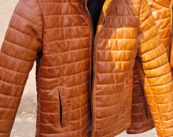 Handmade Tan Quilted Leather Jacket – Vintage Style Bomber Coat