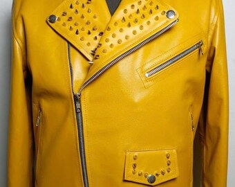 Mustard Yellow Studded Leather Biker Jacket – Punk Moto Outerwear