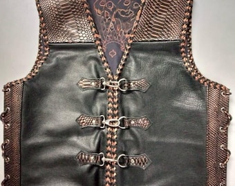 Handmade Leather Biker Vest – Reptile Pattern Accents, Braided Edge Lacing