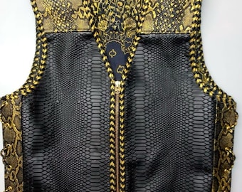 Handmade Black & Gold Reptile Leather Vest – Gothic Biker Waistcoat