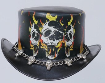 Flaming Skull Top Hat – Gothic Biker Faux Leather Cosplay Hat